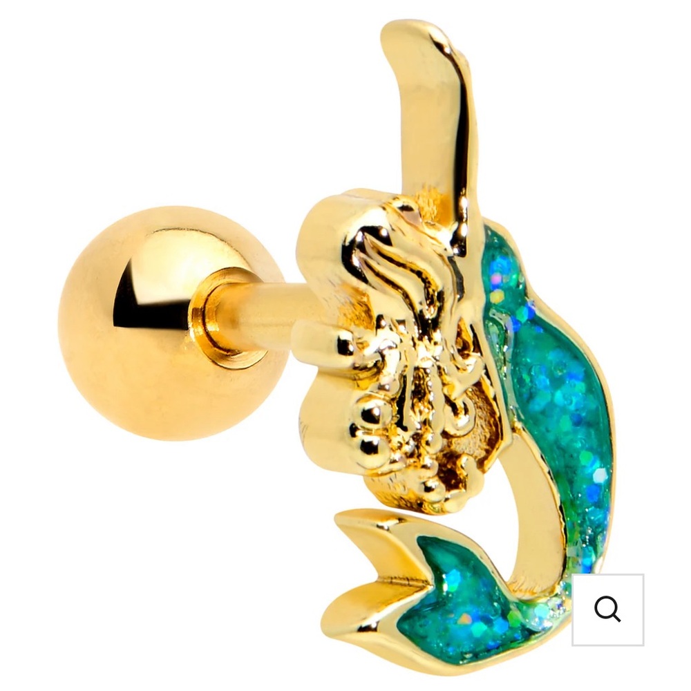 Body Candy 16 GAUGE 1/4 GREEN FAUX OPAL GOLD HUE CURVY MERMAID NOSE RING - Picture 4 of 7
